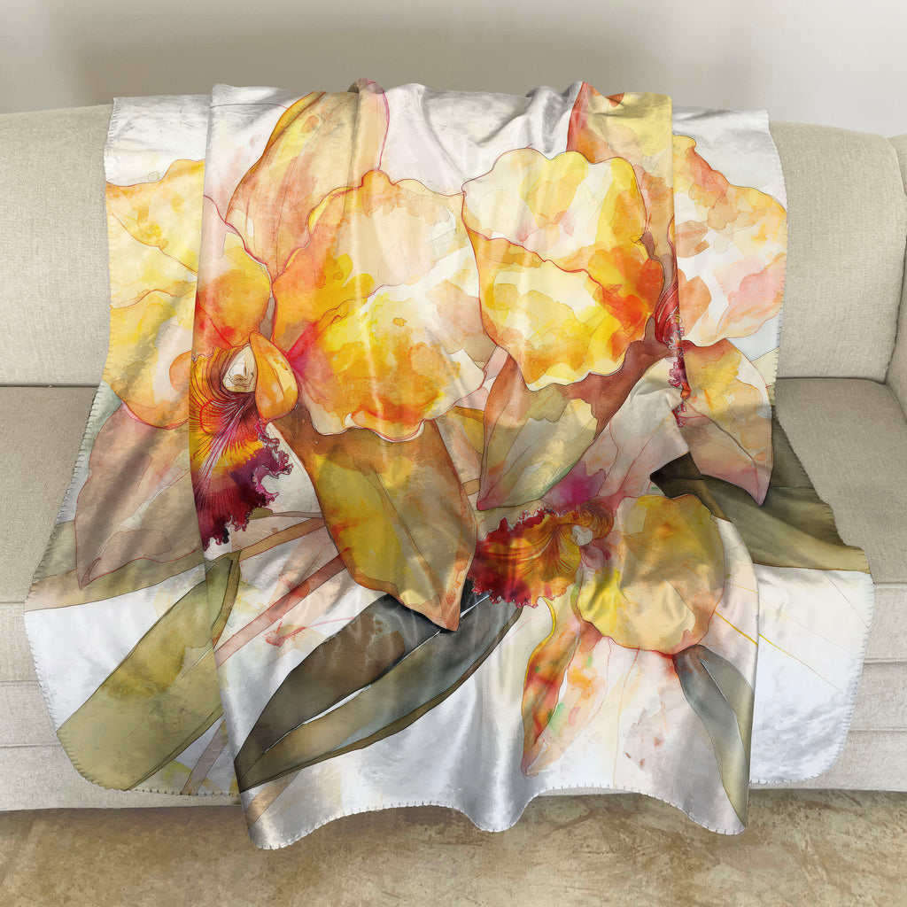 Floral Sherpa Fleece Throw, Yellow Orchid