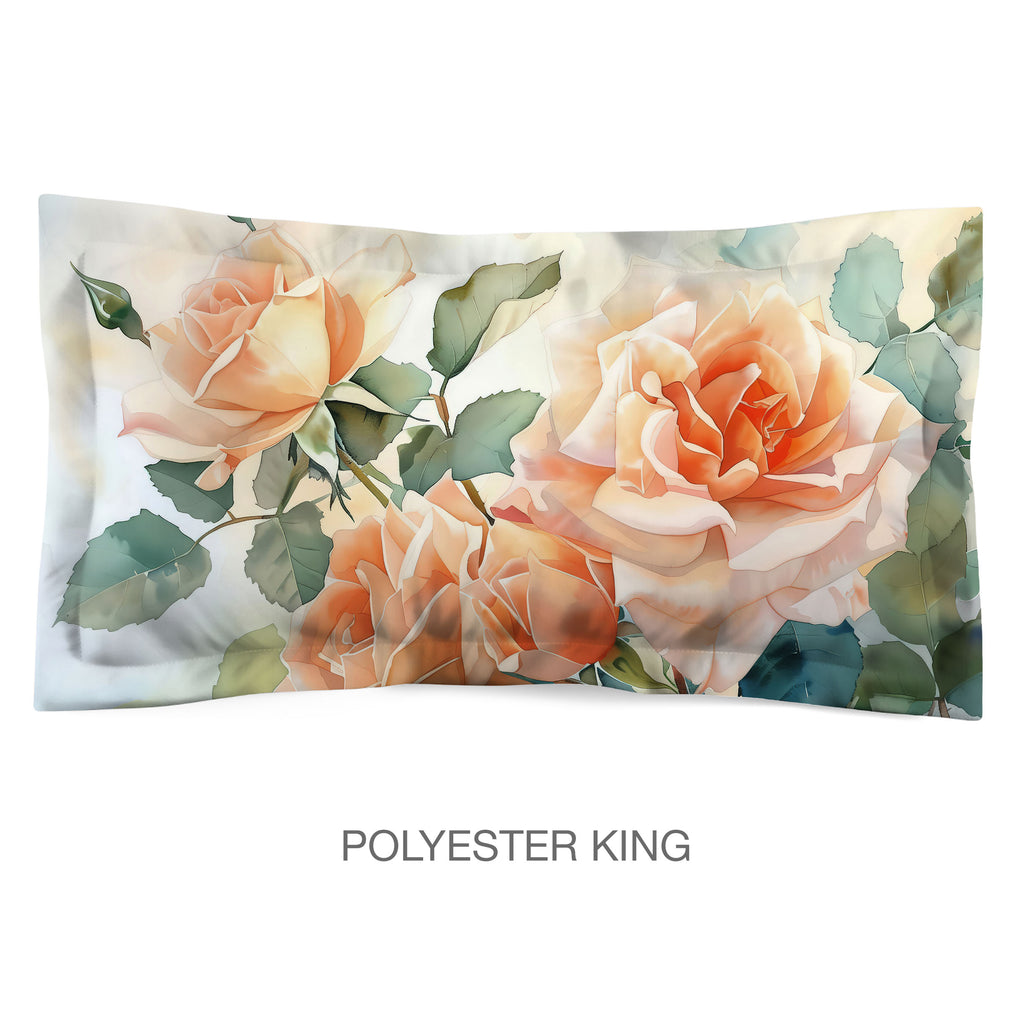 Floral Sham in Cotton or Polyester, Peach Roses