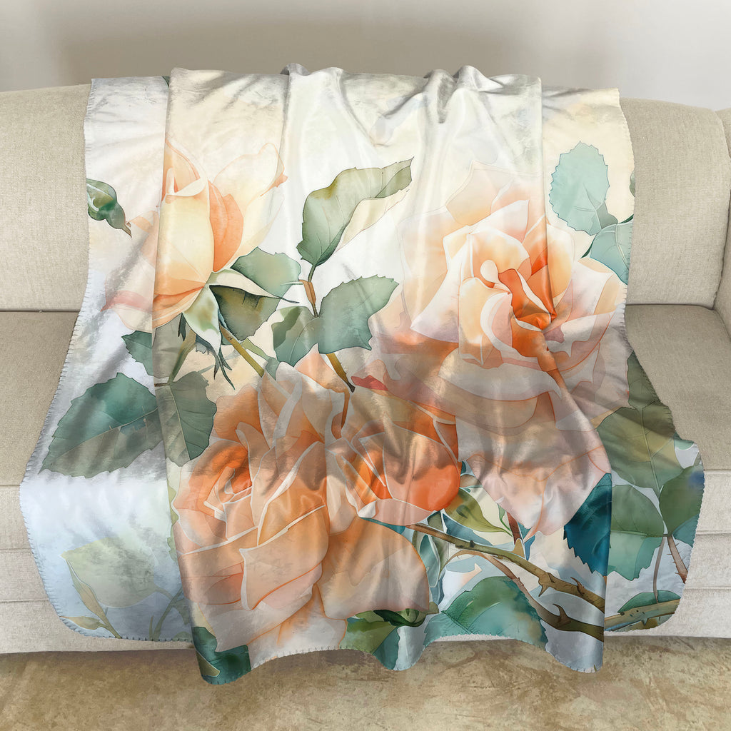 Floral Sherpa Fleece Throw, Peach Roses
