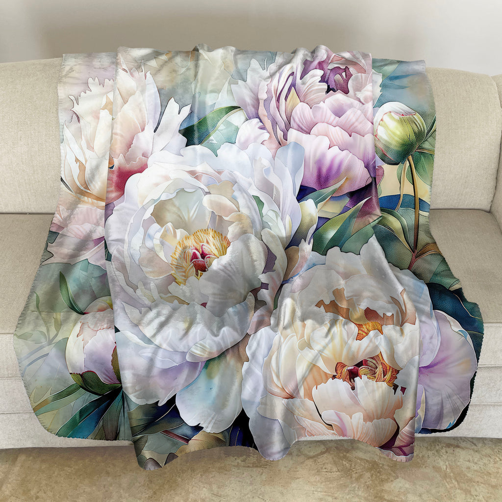 Floral Sherpa Fleece Throw, Peonies