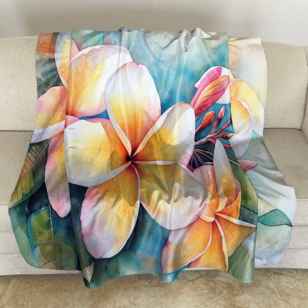 Floral Sherpa Fleece Throw, Plumeria Frangipani