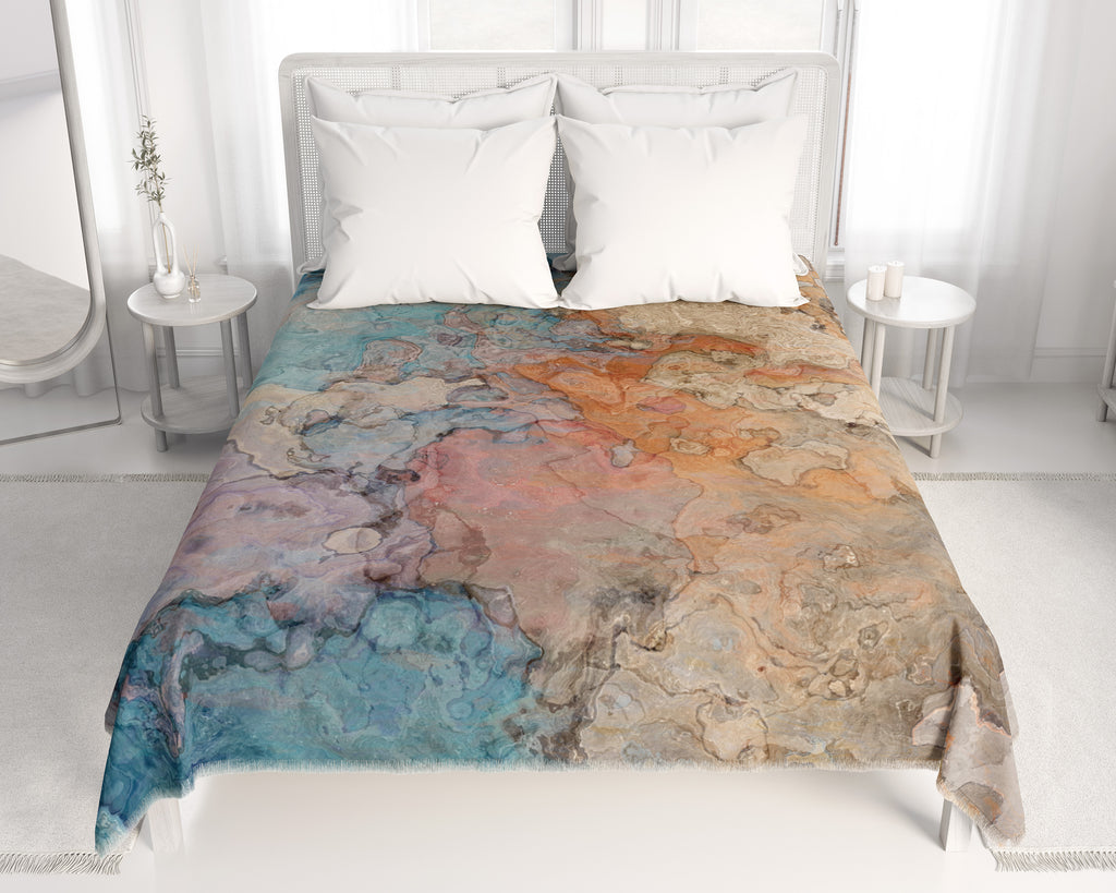 Abstract Art Coverlet, Fringed Woven Blanket, Contemporary Bedspread