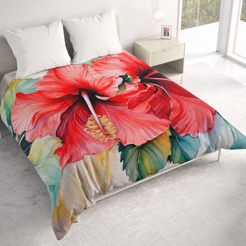 Floral Comforter, Red Hibiscus