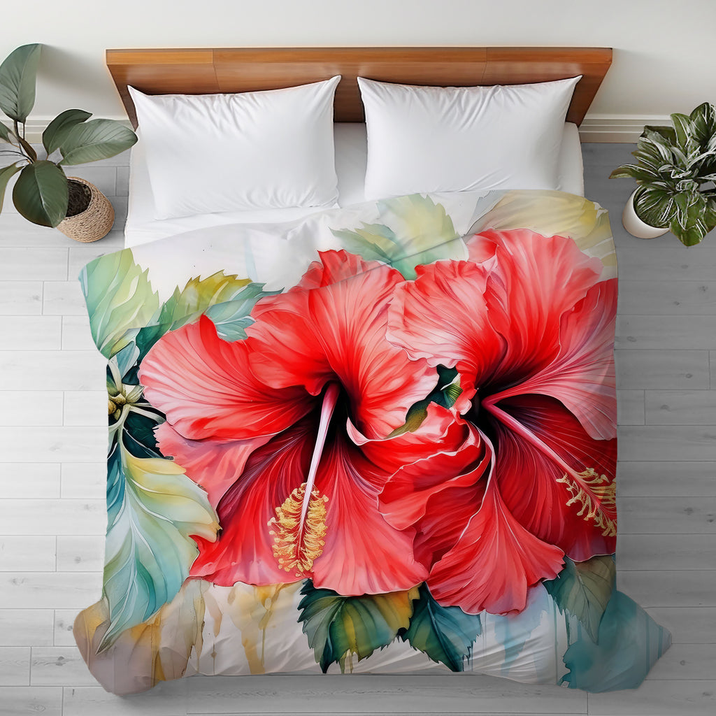 Floral Duvet Cover, Red Hibiscus