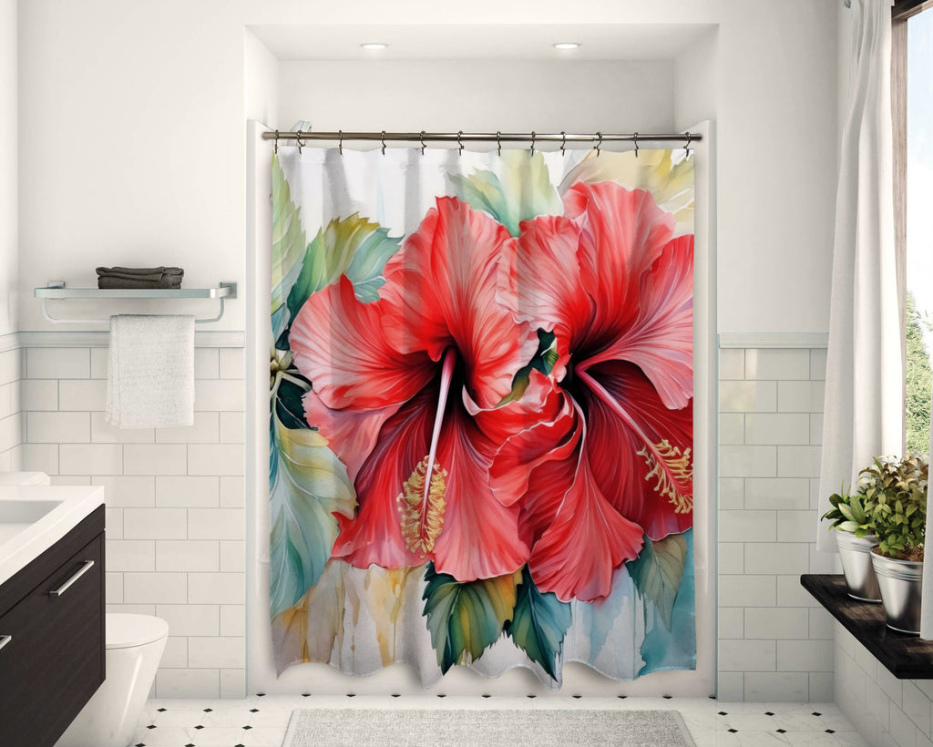 Floral Shower Curtain, Red Hibiscus