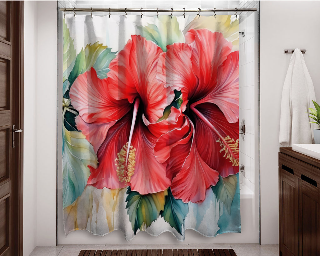 Floral Shower Curtain, Red Hibiscus