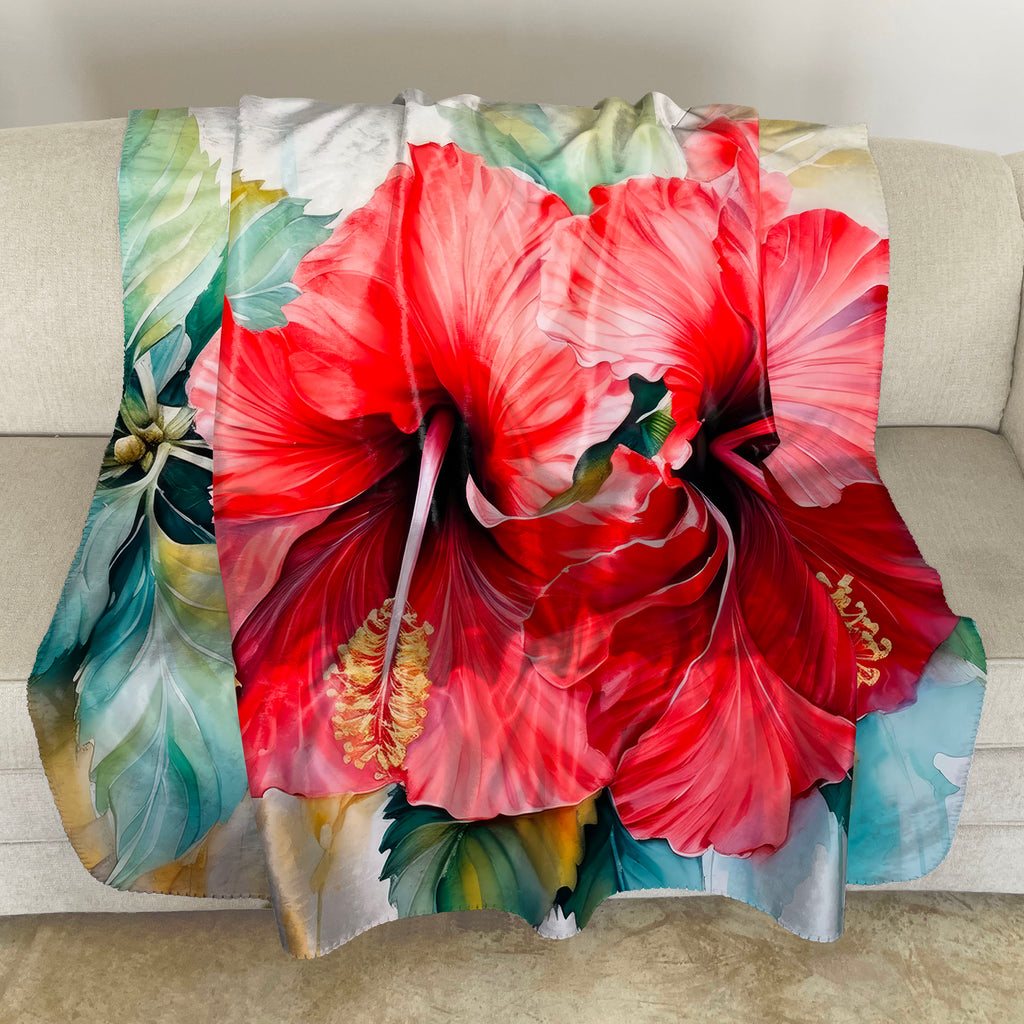 Floral Sherpa Fleece Throw, Red Hibiscus