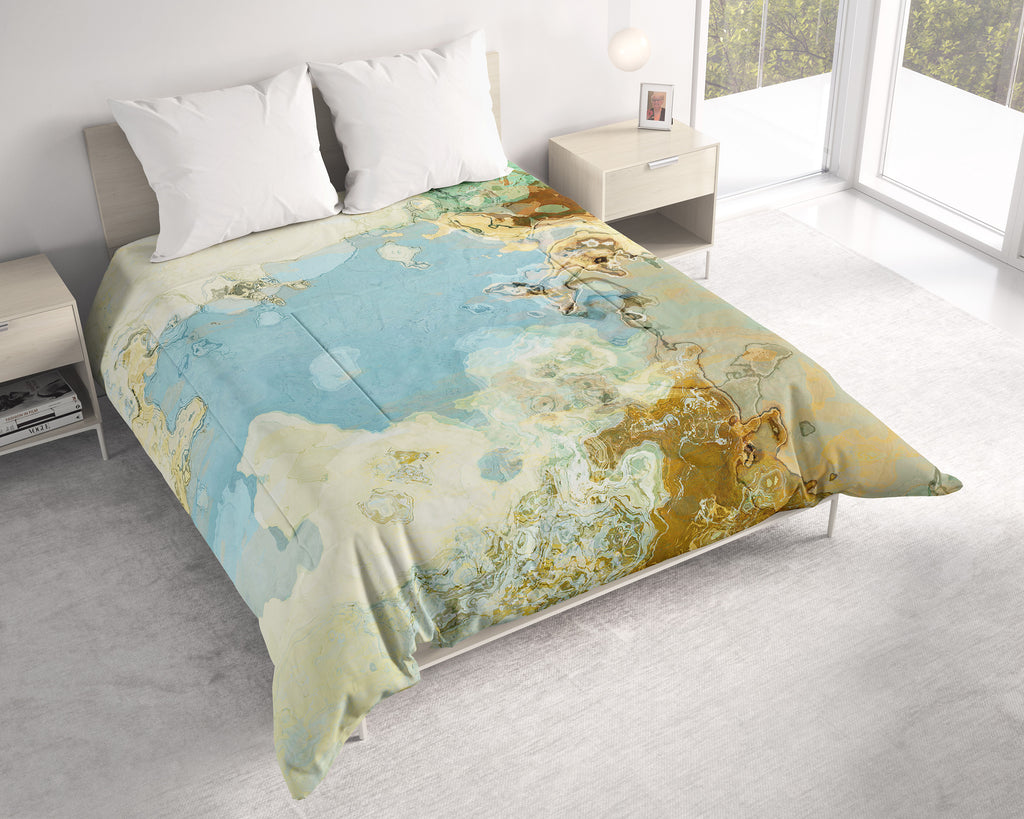Abstract Art Comforter, All Season Quilt Bedding, Art Bedspread in Spring Green, Light Cornflower Blue, Cream, Harvest Gold, Brown