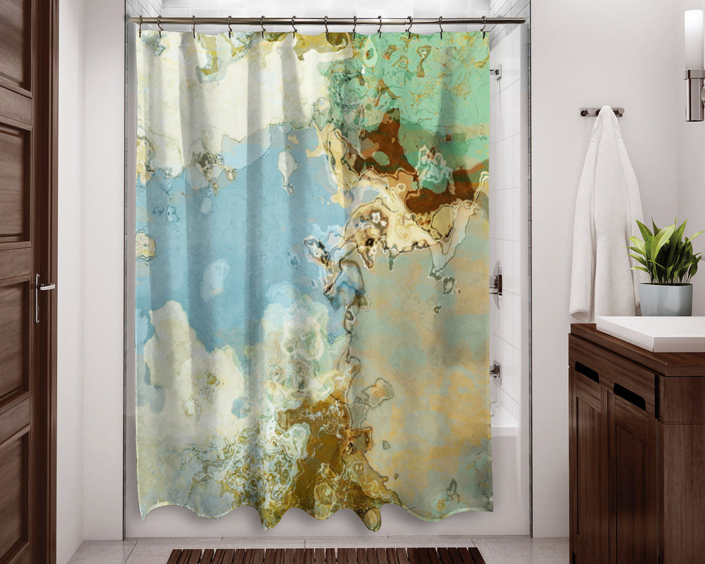 Abstract shower curtain, contemporary bathroom decor Green, Blue, Cream, Tan, Brown