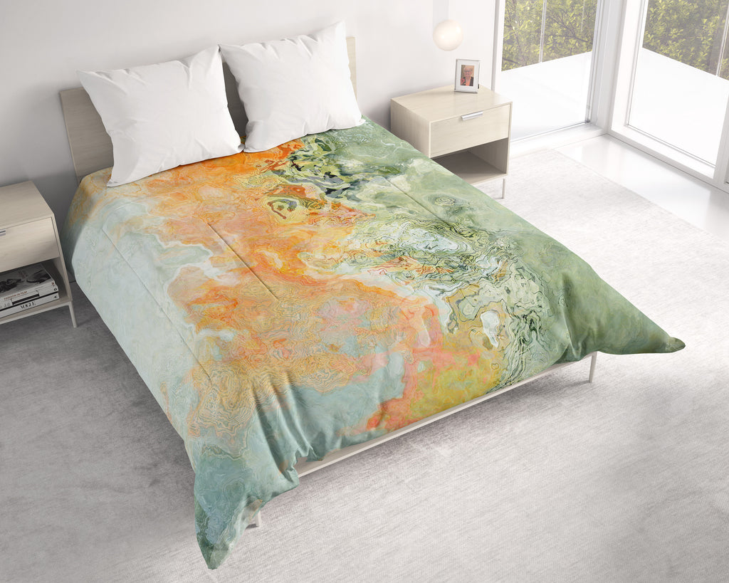 Abstract Art Comforter, All Season Quilt Bedding, Art Bedspread Sage Green, Orange, White