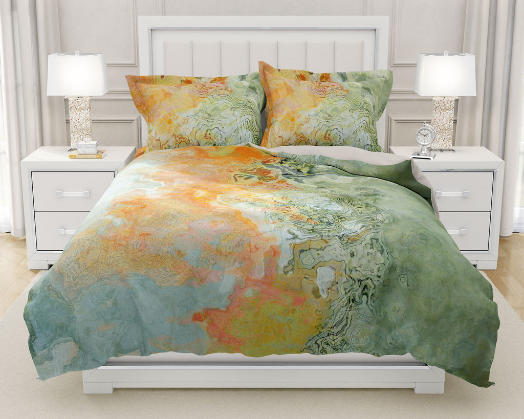 Abstract Art Duvet Cover, King, Queen, Twin Contemporary Bedroom Decor Sage Green, Bright Orange, Yellow Green, Pale Greenish White