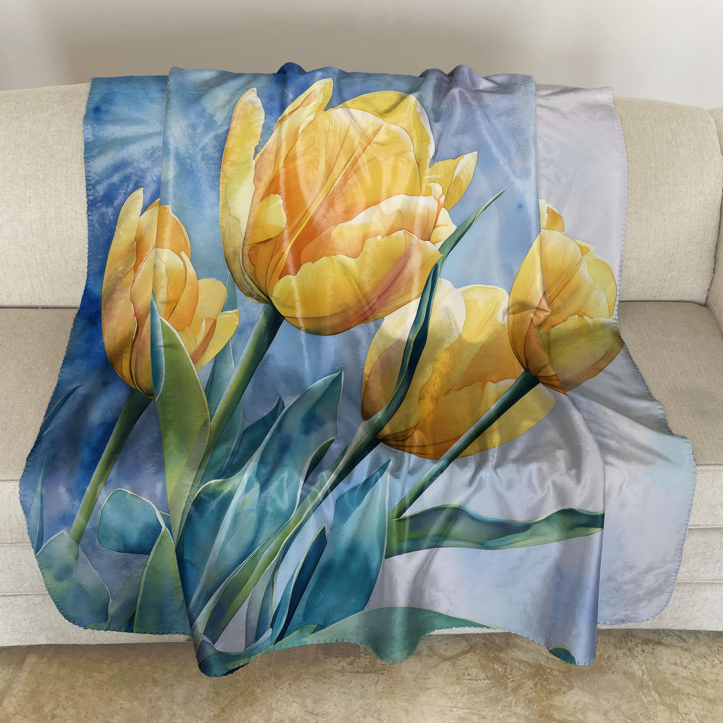 Floral Sherpa Fleece Throw, Yellow Tulips