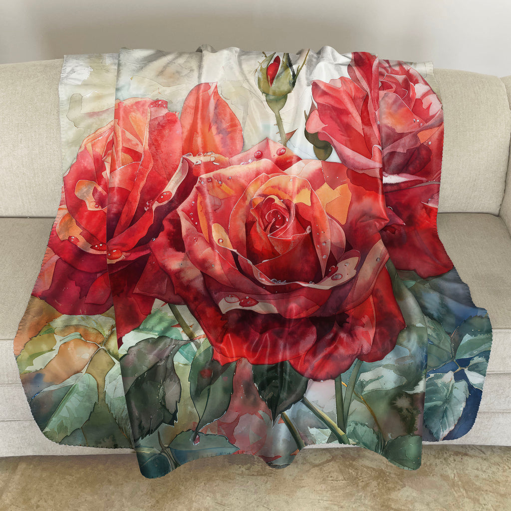 Floral Sherpa Fleece Throw, Red Roses