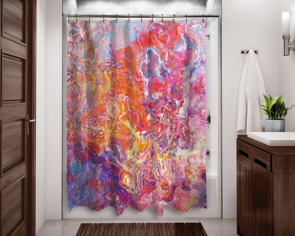 Abstract shower curtain Orange, Hot Pink, Blue, contemporary bathroom