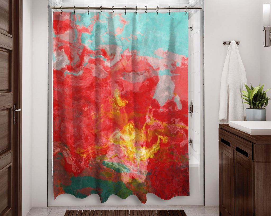 Abstract shower curtain Red, Aqua, Yellow, contemporary bathroom
