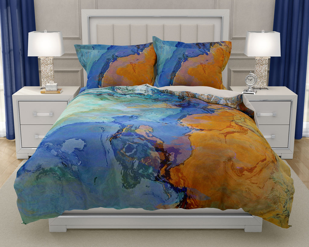 Duvet Cover with abstract art, king or queen in aqua, yellow and tan, 