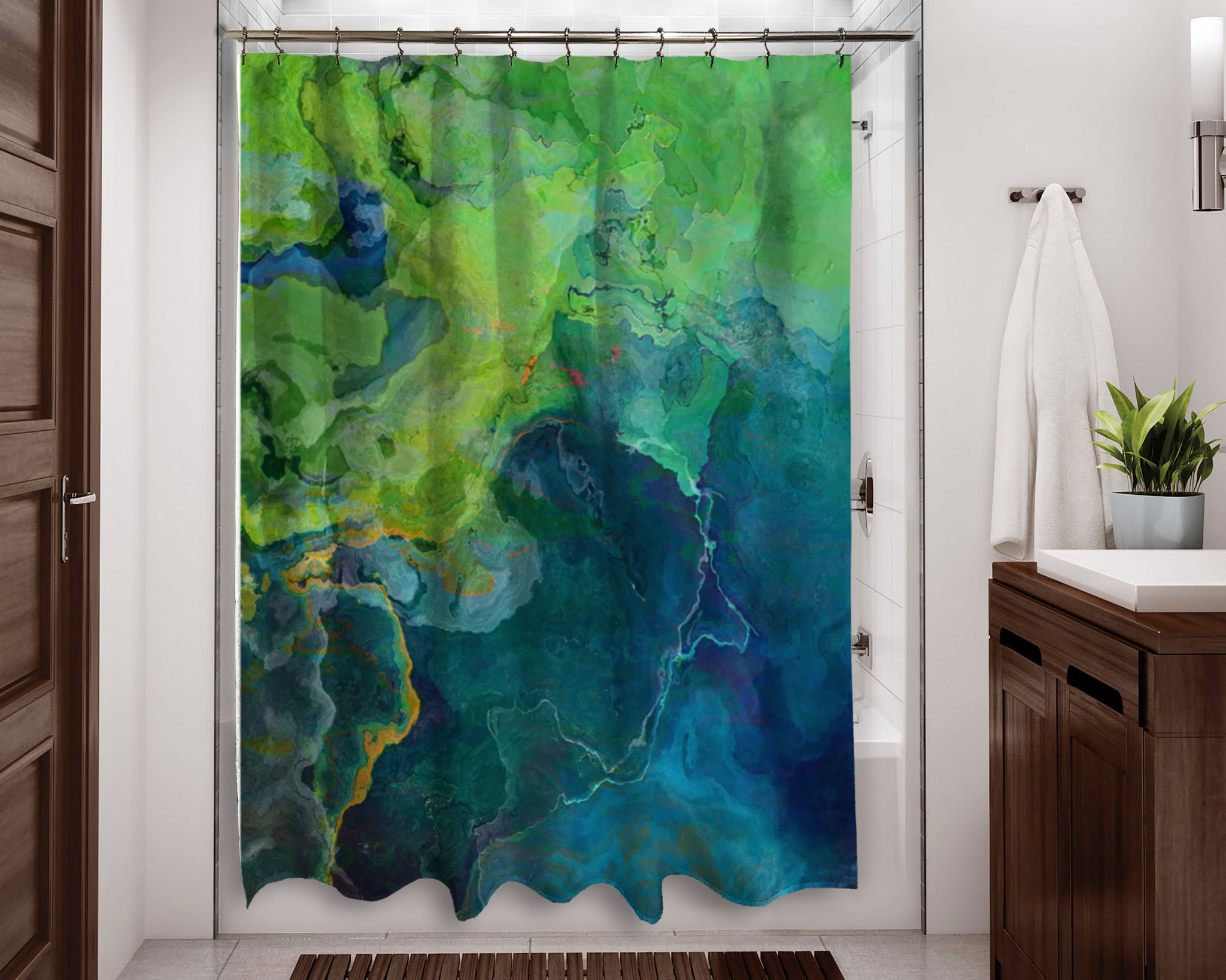 Abstract Shower Curtain Blue And Green Contemporary Bathroom Art Home
