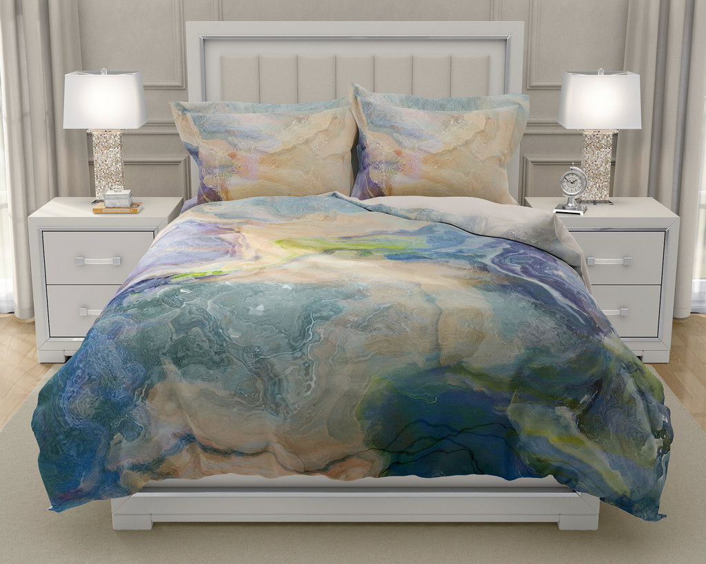 Duvet Cover with abstract art, king or queen in Blue, Purple, Beige