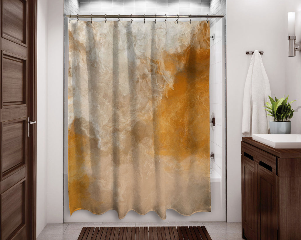 Abstract shower curtain Orange, Golden Yellow, Beige, contemporary bathroom