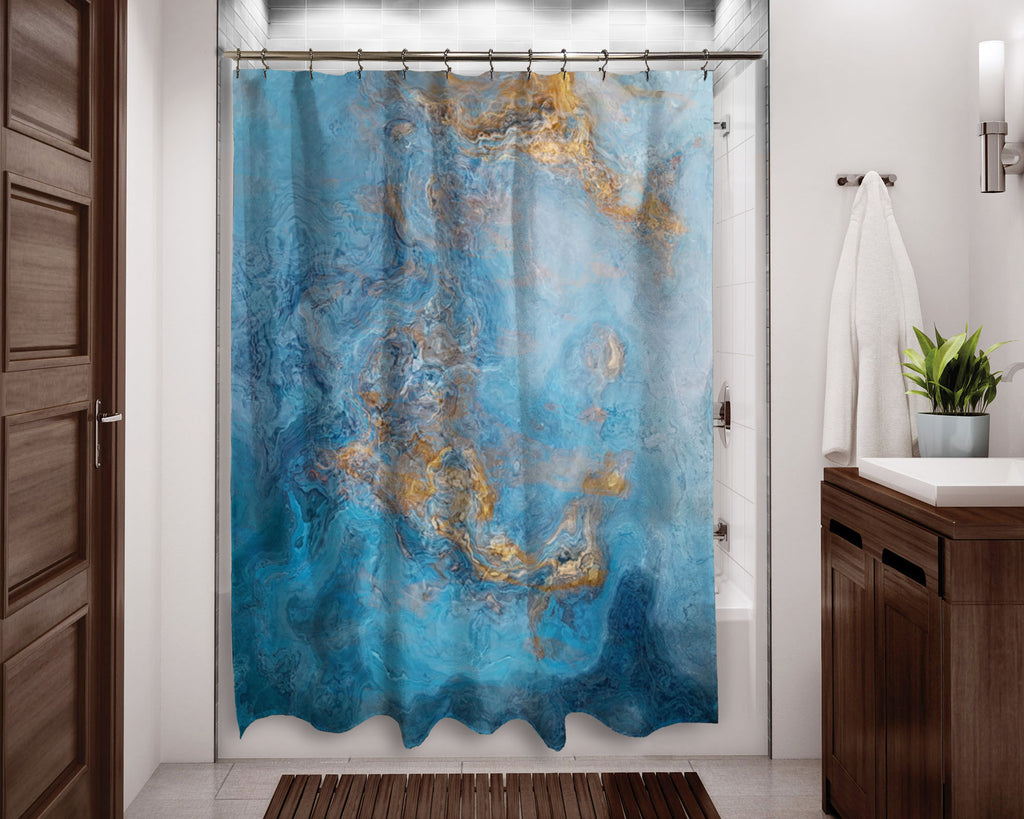 Abstract shower curtain Blue and Gold contemporary bathroom
