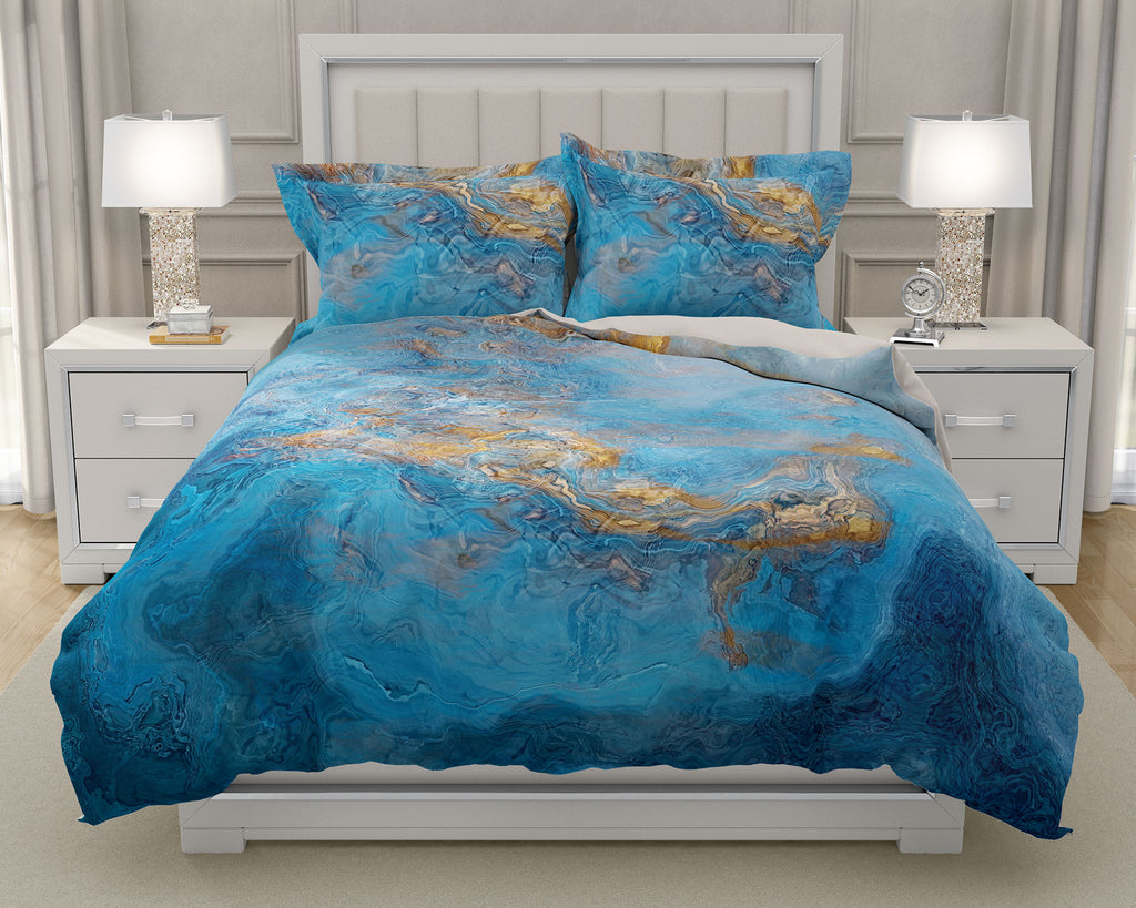 Duvet Cover with abstract art, king or queen in Blue and Gold