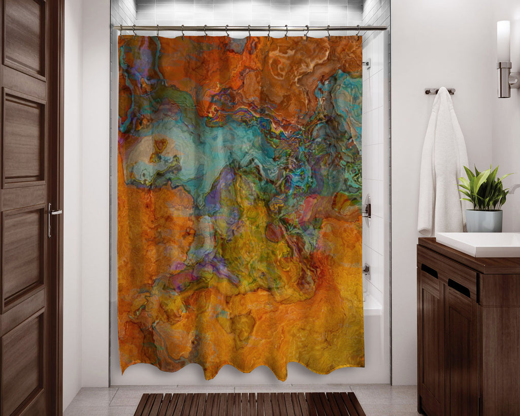 Abstract shower curtain orange, red, turquoise, contemporary bathroom