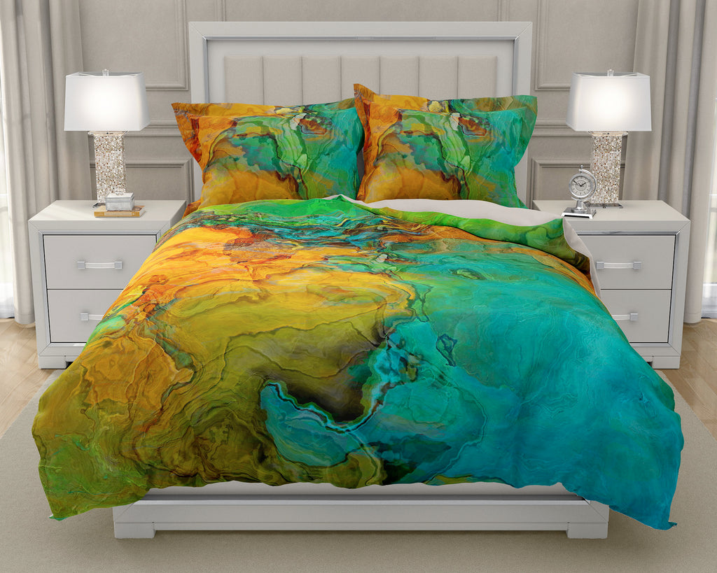 Duvet Cover with abstract art, king or queen in Orange and Green