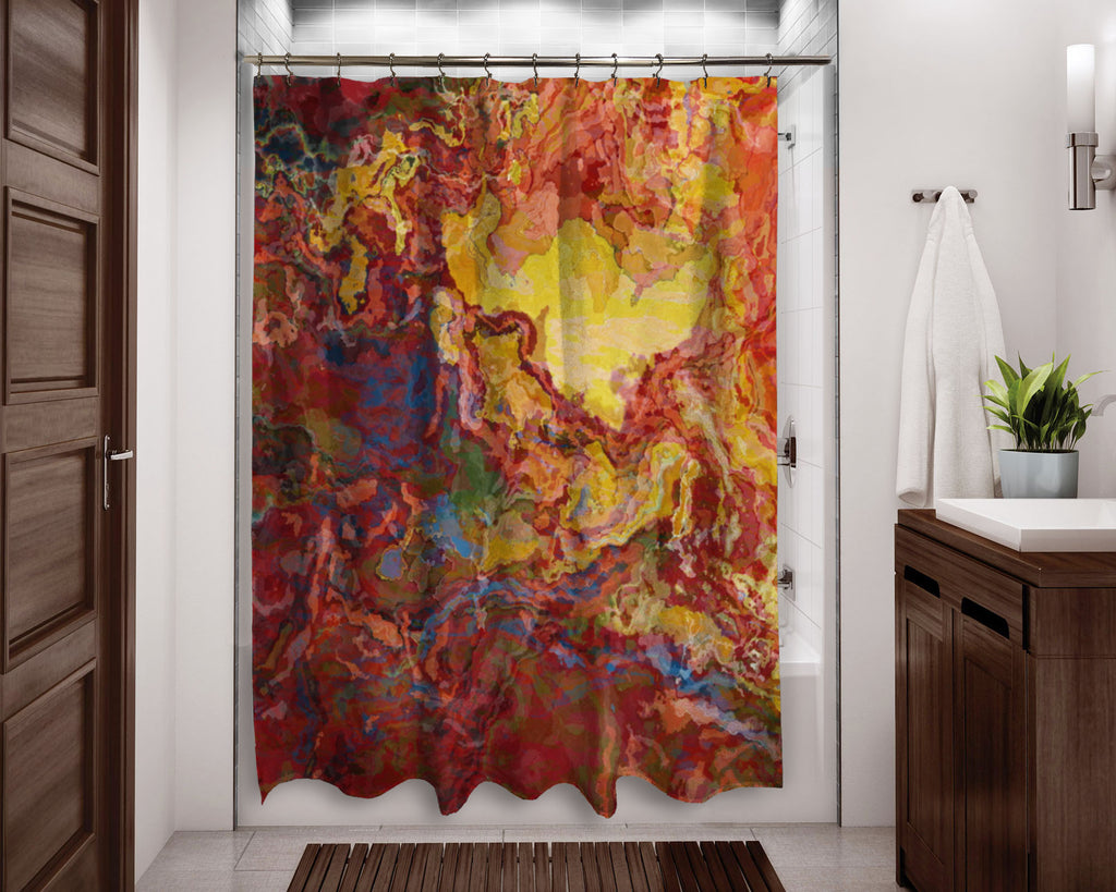 Abstract shower curtain red, yellow and blue contemporary bathroom