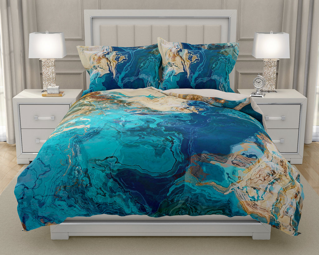 Duvet Cover with abstract art, king or queen in Blue, Beige, Brown
