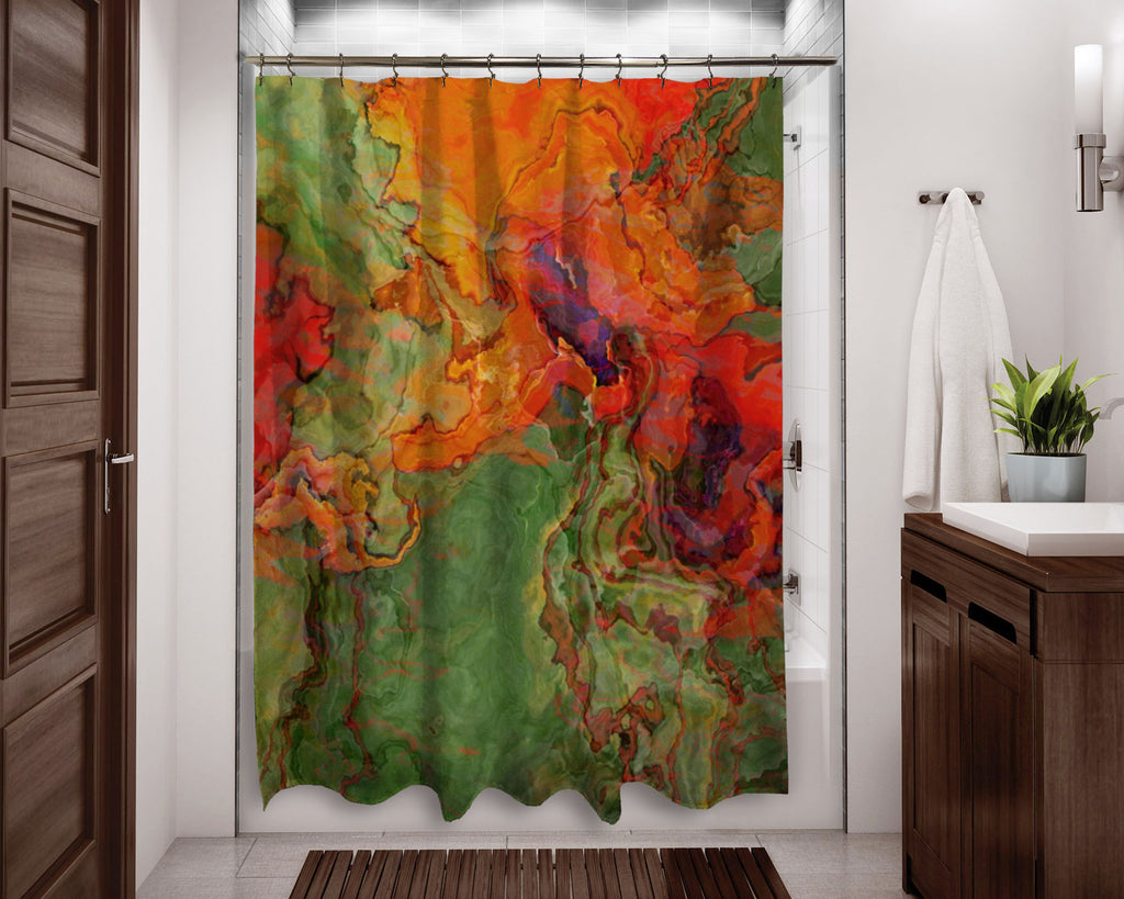 Abstract shower curtain orange, red, green contemporary bathroom