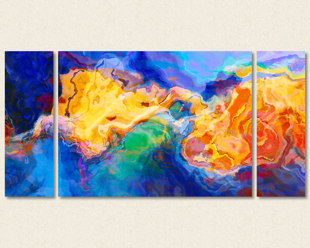 Abstract art triptych canvas print in blue, green, orange and yellow