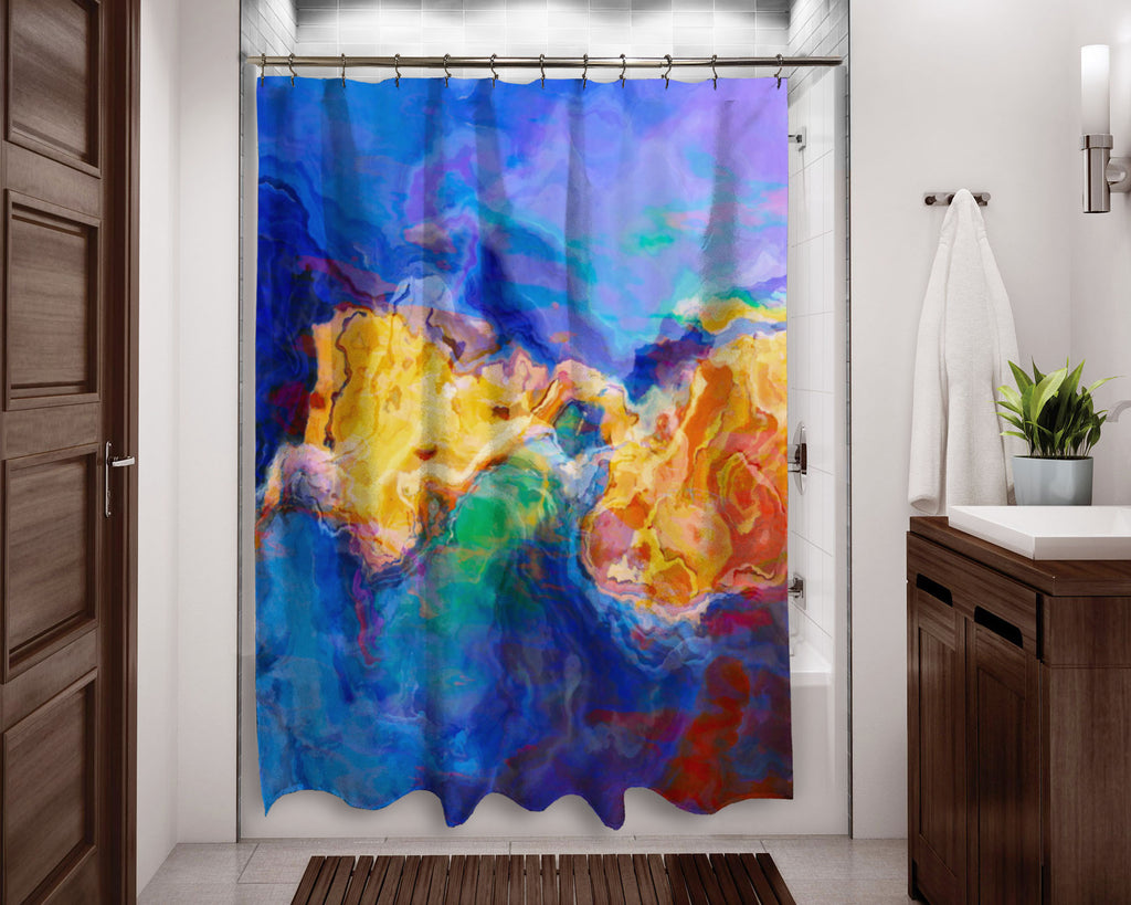 Abstract shower curtain blue, yellow, orange contemporary bathroom