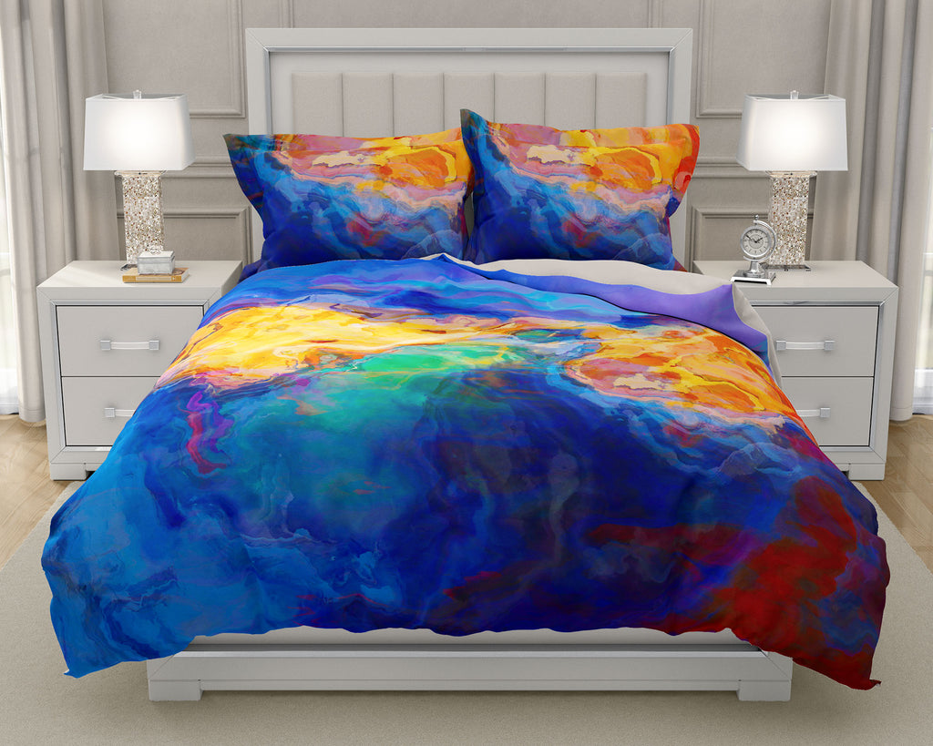 Duvet Cover with abstract art, king or queen in blue, yellow, orange