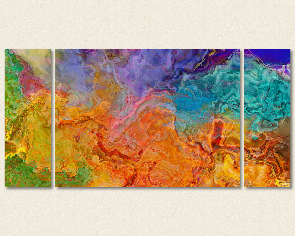 Abstract art triptych canvas print in Green, Aqua, Purple, Red