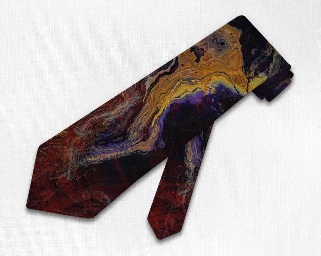 Abstract art men's tie in Purple, Brown, Golden Yellow, Dark Rust Red