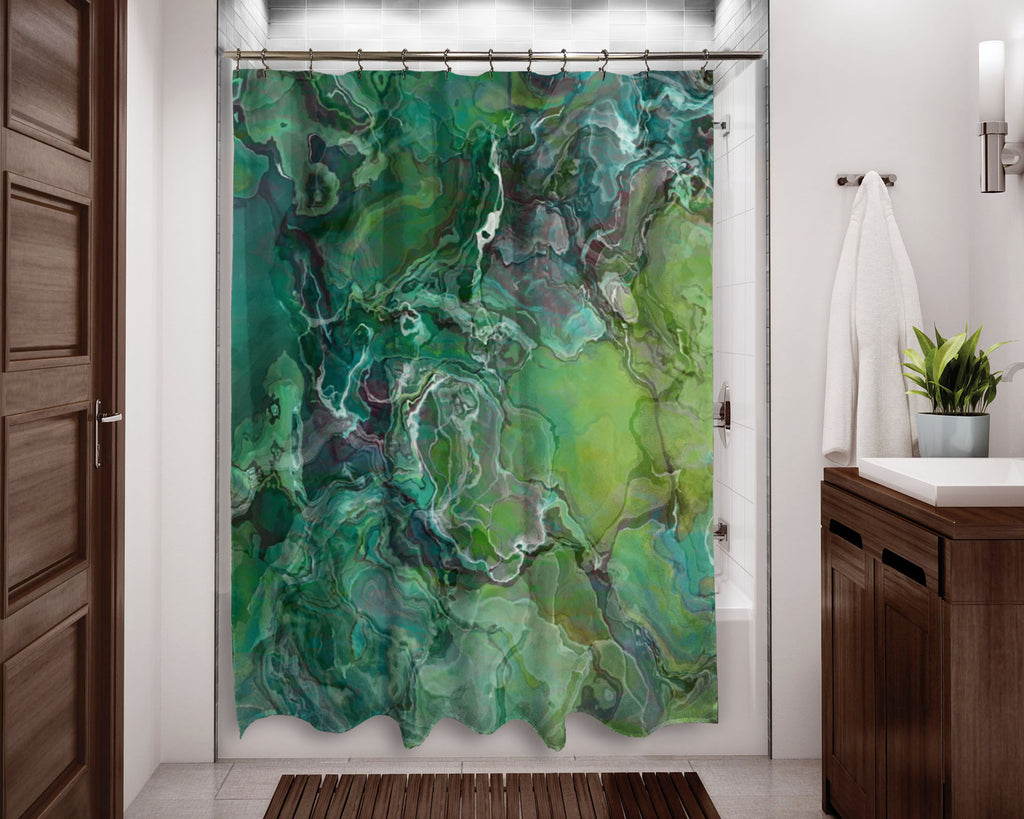 Abstract shower curtain contemporary bathroom blue-green. yellow-green