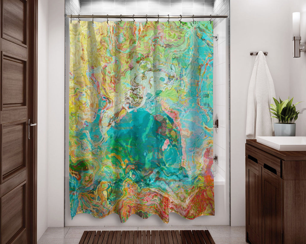 Abstract shower curtain aqua, yellow, green, red contemporary bathroom