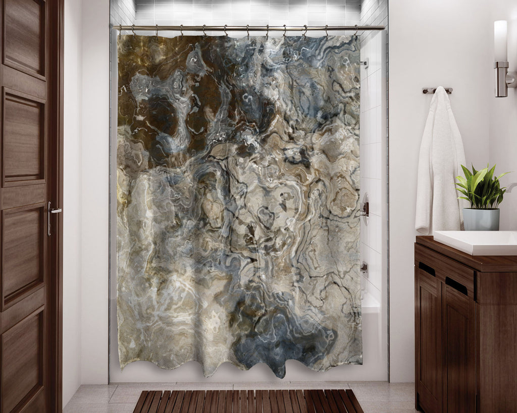 Abstract shower curtain Brown, Gray, Beige, White contemporary bathroom
