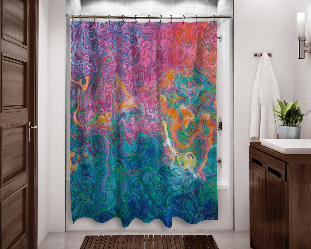 Abstract shower curtain Blue, Hot Pink, Orange, contemporary bathroom