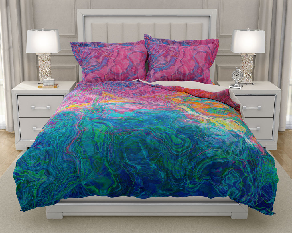 Duvet Cover with abstract art, king or queen in Blue, Hot Pink, Orange