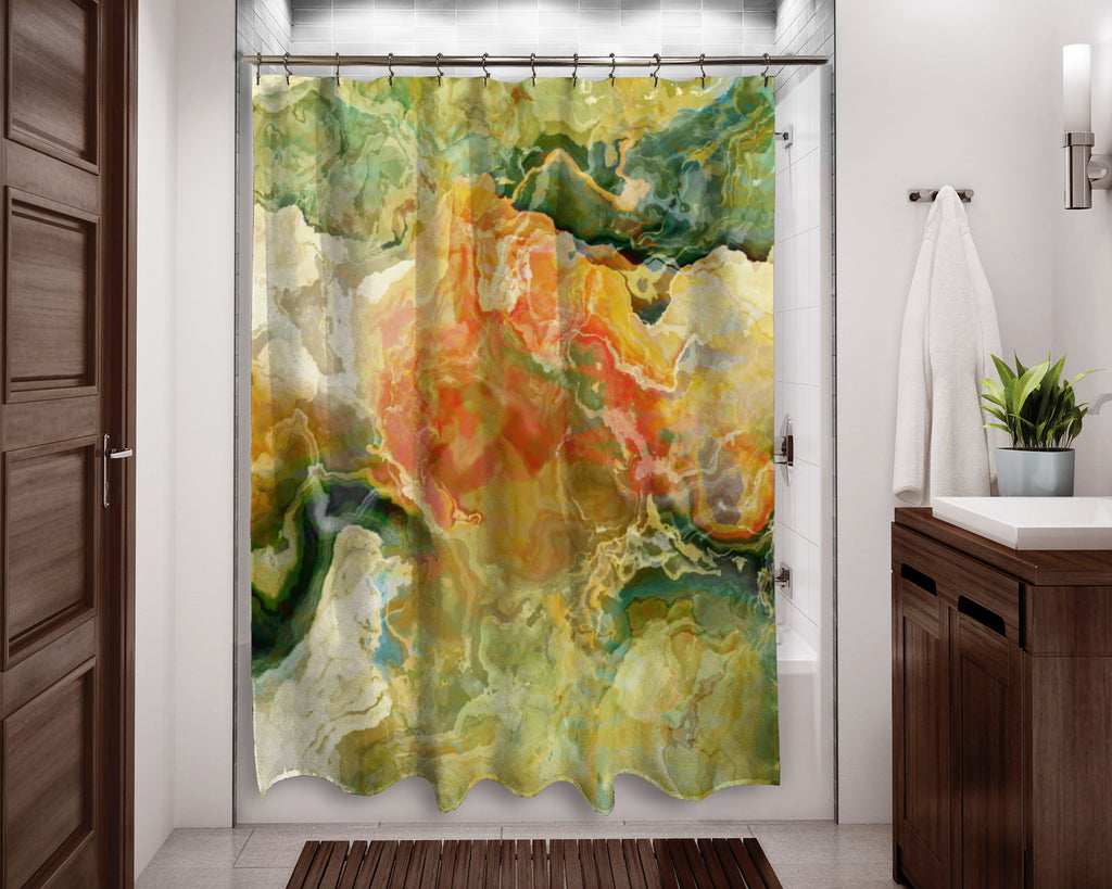 Abstract shower curtain Green, Yellow, Red, Cream contemporary bathroom