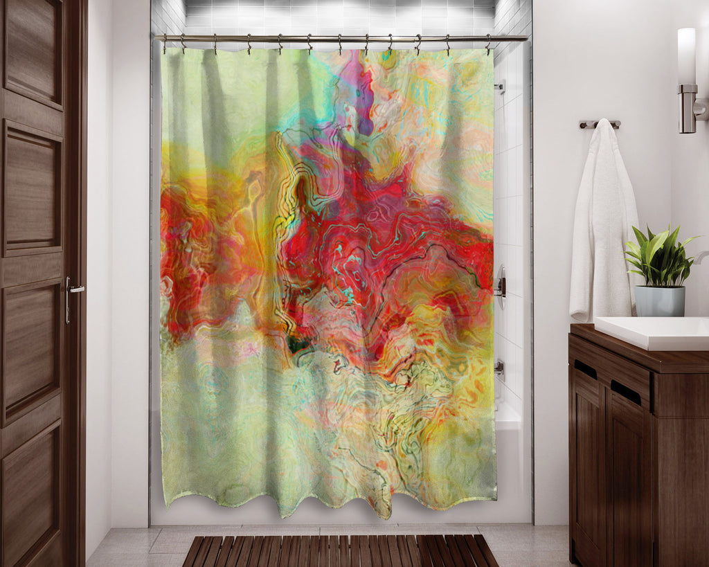Abstract shower curtain red, yellow, pale green contemporary bathroom