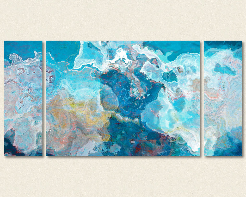 Abstract art triptych canvas print in blue and white