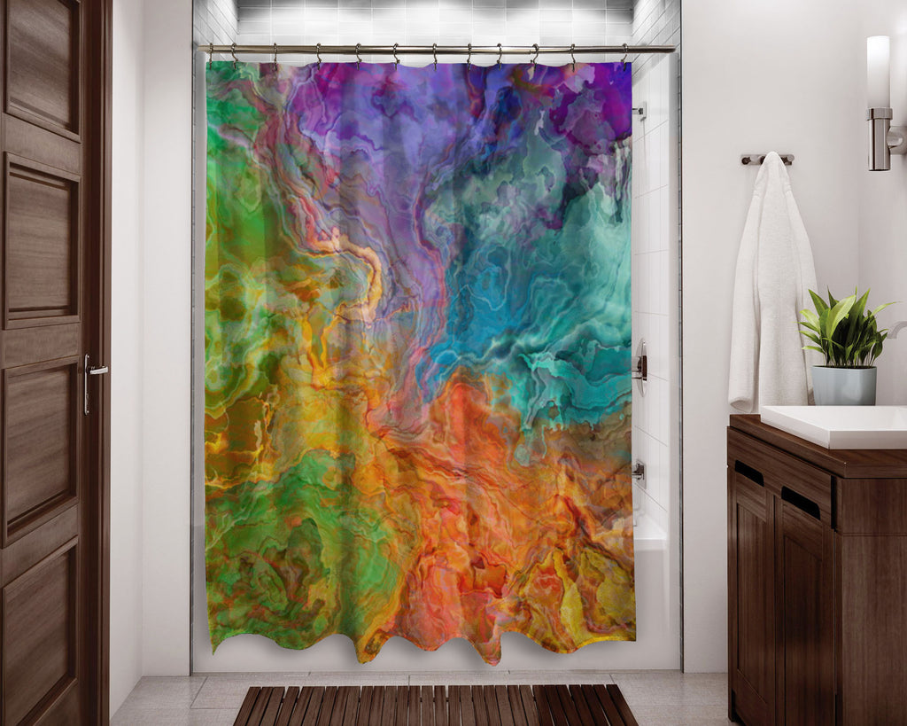 Abstract shower curtain rainbow colors contemporary bathroom