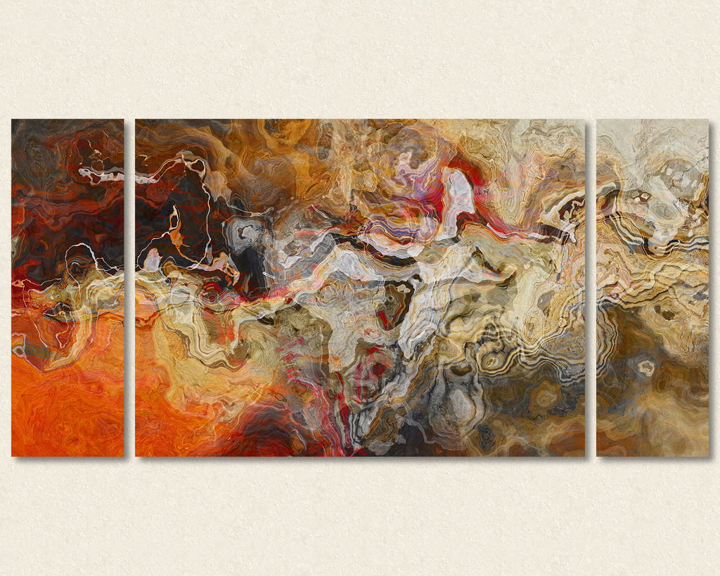 Abstract art triptych canvas print in orange and brown