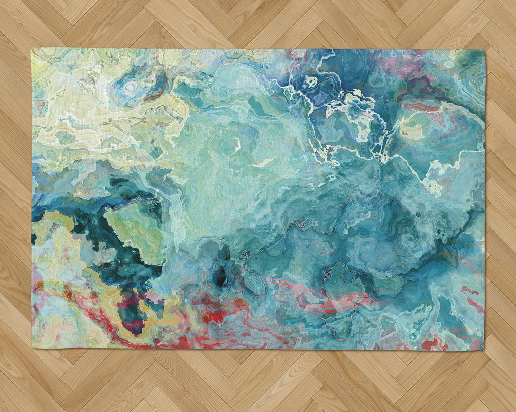 Area Rug with Abstract Art, 2x3 to 8x10, in Aqua, Green and Cream