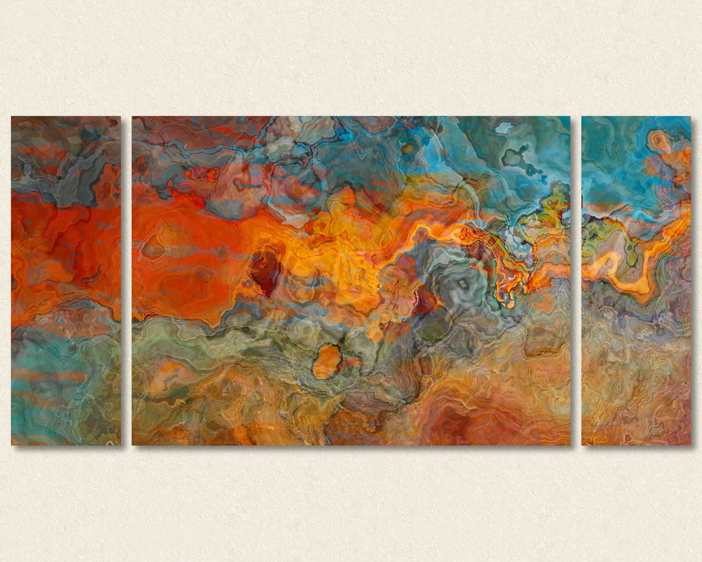Abstract art triptych canvas print in Orange, Turquoise, Brown, Olive