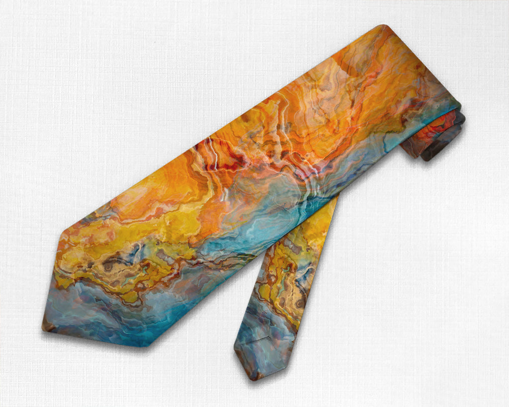 Abstract art men's tie in orange, turquoise, and brown