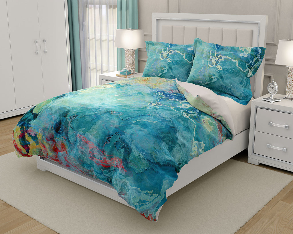 Duvet Cover with abstract art, king or queen Aqua, Blue Green, Cream
