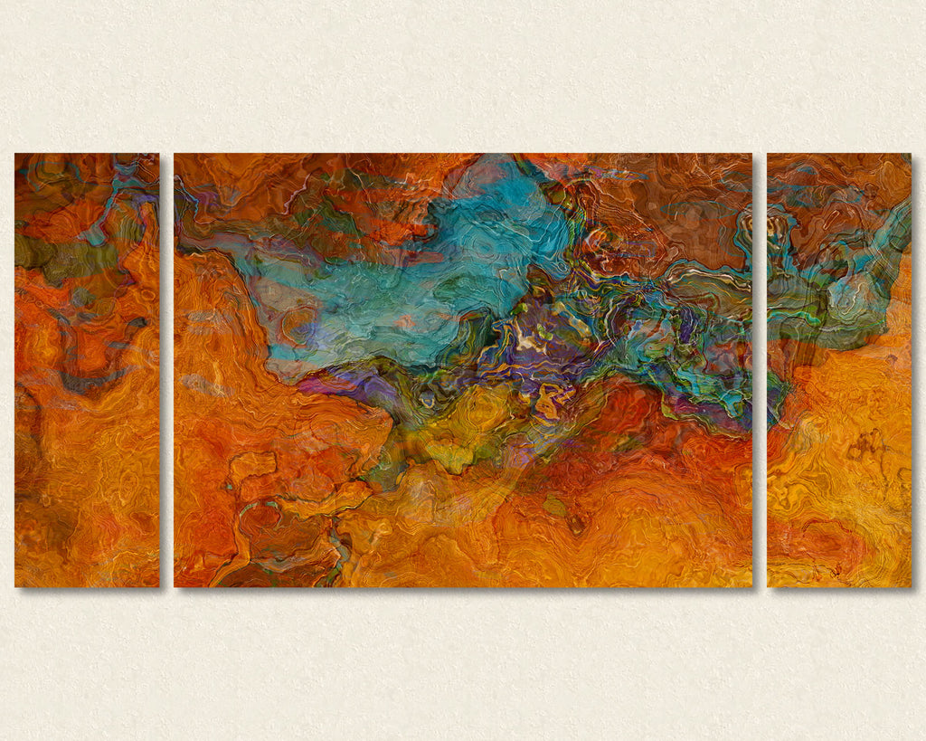 Abstract art triptych canvas print in red-orange and turquoise